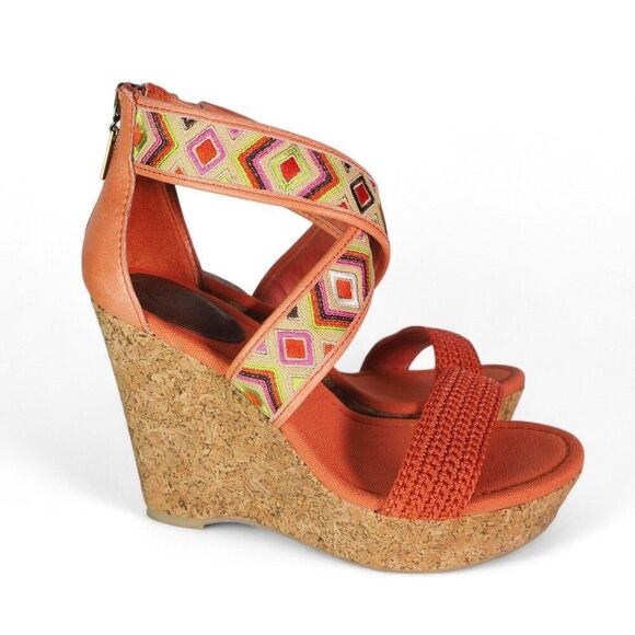 The Sak Criss Cross Wedge Ankle Sandals "Bright Orange Aztec Print" Women's 8 - Picture 4 of 11